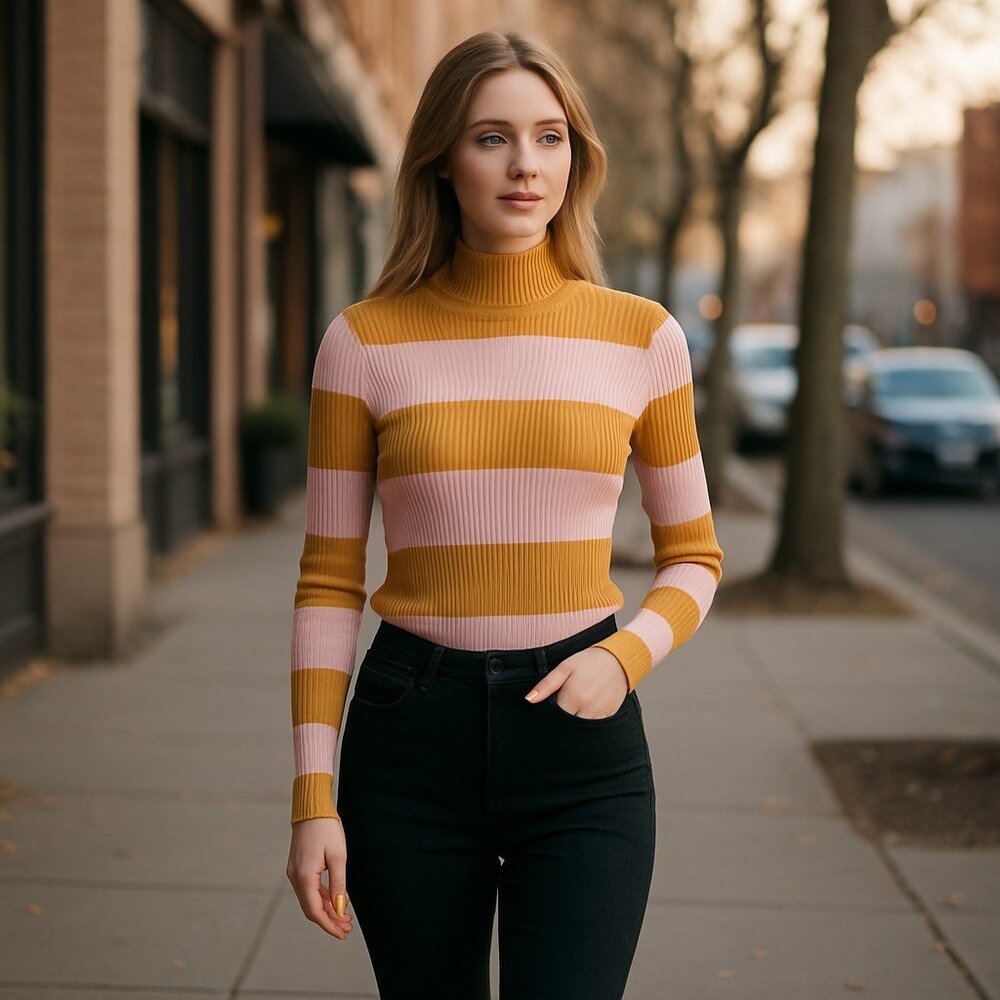 NWT 525 AMERICA Rib Turtleneck Stripe In Gold Dust Multi X Large